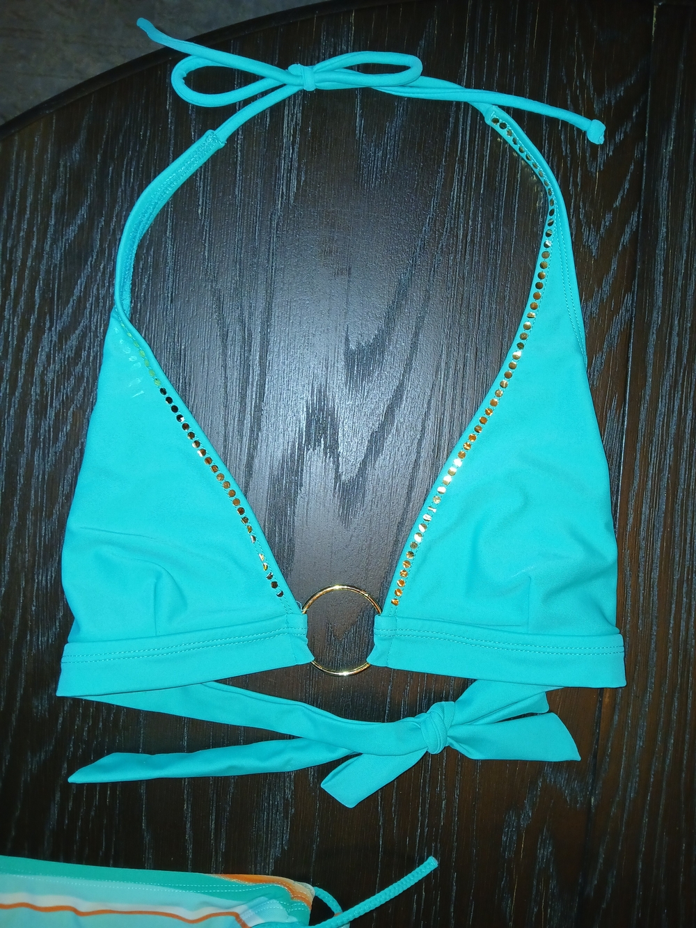 Split Teal, White & Orange Striped Women's 3-Piece Swim Set - Picture 3 of 11
